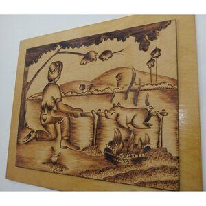 Folk Art Handmade Pig Roast Scene Wood Burned Plaque Kitchen Cabin Decor